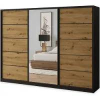 Masseno Schiebetürenschrank NATA 270/205/58 cm Kleiderschrank mit 4 Schubladen Schlafzimmer Schrank 3-türig mit Spiegel Schwarz / Eiche Artisan
