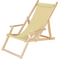 Ferocity Holz Liegestuhl Klappbar Klappliegestuhl mit Armlehne und Getränkehalter Strandstuhl Motiv Ecru Beige [119]