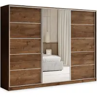 Masseno Schiebetürenschrank PINA 270/205/58 cm Kleiderschrank mit 4 Schubladen Schlafzimmer Schrank 3-türig mit Spiegel Eiche Lefkas