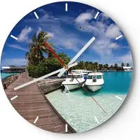 ARTTOR Wanduhr - Rund - Glasuhr - Maledische Insel Archipel Ozean Hütte - 30x30cm - Schleichendes Uhrwerk - Lautlos - zum Aufhängen bereit - Dekoration Modern - Wanddekoration aus Glas - C3AR30x30-0436