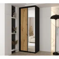 MINIO go for it , Kleiderschrank VADO, 120x235,2x60 cm, 2 Schiebetüren (1 Spiegel), 6 Einlegeböden, 2 Metallstangen, Schwarz/ Artisan Eiche