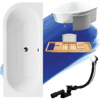 Besco Badewanne Eckwanne Set 5in1 150x75 Rechts + Premium Ablaufgarnitur und Füßen GRATIS + Verkleidung (Styropor) + Bambus Holzablage | BADLAND AVITA