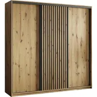 Masseno Schiebetürenschrank VONTE 180/205/60 cm Kleiderschrank mit Lamellen und Schubladen Schlafzimmer Schrank 3-türig Eiche Artisan + Schwarz
