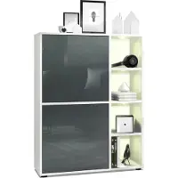 Vladon Highboard Schrank Anrichte Cuba mit 8 Fächern, Germany, Korpus in Weiß matt / Fronten in Grau Hochglanz, mit RGB LED Beleuchtung