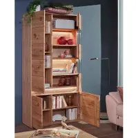 Lomadox Wohnwand in Eiche massiv geölt mit Lowboard, Vitrine, Wandboard & LED-Beleuchtung, 3-teilig - WELLAND-69