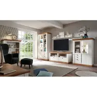 Lomadox Landhaus Wohnwand Set LINARES-61 in Pinie weiß / Wotan Eiche Nb. inkl. LED, B/H/T ca.: 386/204/52 cm