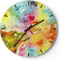ARTTOR Wanduhr - Rund - Glasuhr - Katze Schmetterling Regenbogen Magie - 30x30cm - Schleichendes Uhrwerk - Lautlos - zum Aufhängen bereit - Dekoration Modern - Wanddekoration aus Glas - C3AR30x30-2920