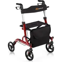 Goplus Rollator faltbar, höhenverstellbare Gehhilfe inkl. Griffe & Sitz mit Rückengurt, Laufhilfe mit Rädern, Tasche & Stockhalter, Gehwagen (Rot)