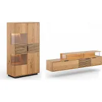 Feldmann-Wohnen Wohnwand Tirano Wohnzimmer-Set Massivholz geölt Ausführung wählbar,Vitrine, Lowboard,Eiche Natur / Absetzung Lamellen
