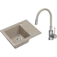 VBChome Spülbecken Granit Beige mit Armatur 55 x 44 cm Einzelbecken Einbauspüle Gesprenkelt Reversibel Granitspüle Siphon Waschbecken Armatur Beige