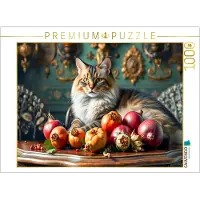 CALVENDO Puzzle Katze auf Gründerzeit-Tisch mit reifem Obst | 1000 Teile Lege-Größe 64x48cm Foto-Puzzle für glückliche Stunden