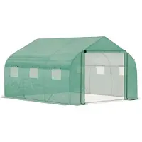 Outsunny Tunnelgewächshaus 3,5 x 3 x 2 m, Gartengewächshaus mit Tür und 6 aufrollbaren Fenstern aus PE-Polyethylen 140 g/m², verzinktes Metall, für Nutzpflanzen, Pflanzen, Blumen, Grün