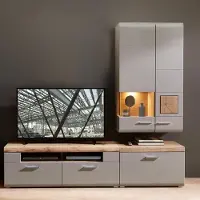 Lomadox Wohnwand FARO-36 in basalt mit Absetzungen in Eiche Hirnholz Nb. und LED Beleuchtung, B/H/T: ca. 220/205/47 cm