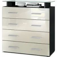 Vladon Sideboard Pavos V2, Kommode mit 4 Schubladen und Glasablage, Schwarz matt/Creme Hochglanz (76 x 81 x 35 cm)