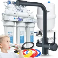 ARI Wasserfilter Set RO7 mit 3-Wege Küchenarmatur Venom 1 Schwarz Chrom, 7-stufige Osmoseanlage mit Mineralisierung