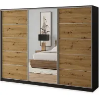 Masseno Schiebetürenschrank NATA 270/205/58 cm Kleiderschrank mit 4 Schubladen Schlafzimmer Schrank 3-türig mit Spiegel Schwarz / Eiche Artisan