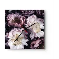 ARTTOR Wanduhr - Quadrat - Glasuhr - Pfingstrosen Veilchen Blumen - 40x40cm - Schleichendes Uhrwerk - Lautlos - zum Aufhängen bereit - Dekoration Modern - Wanddekoration aus Glas - C3AC40x40-5076