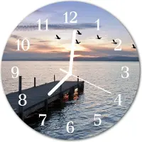 Tulup Glasuhr Wanduhr Küchenuhr Echt-Glas 30fi cm See Vögel blau