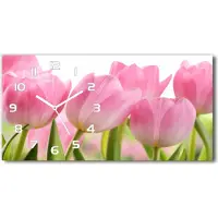 Tulup Wanduhr aus Glas – 60x30 cm - Glasbild - Glasuhr - Gehärtetes Glas - weisse-zeiger - Rosafarbene Tulpen