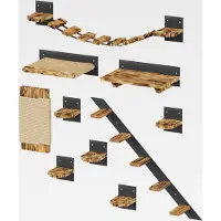 Markenlos Katzen Kletterwand Set Hängebrüke Katzenbett Katzenregal zur Wandmontage im industriellen Stil aus Holz und Stahl