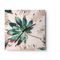 ARTTOR Wanduhr - Quadrat - Glasuhr - Blatt Tropisch Palme - 30x30cm - Schleichendes Uhrwerk - Lautlos - zum Aufhängen bereit - Dekoration Modern - Wanddekoration aus Glas - C3AC30x30-4314