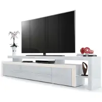 Vladon TV Board Lowboard Leon V3, Germany, Korpus und Überbau in Weiß Hochglanz / Front in Weiß Hochglanz mit Rahmen in Creme Hochglanz (227 x 52 x 35 cm)