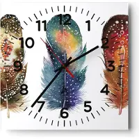 ARTTOR Wanduhr - Quadrat - Glasuhr - Feder Vogel Farbe - 40x40cm - Schleichendes Uhrwerk - Lautlos - zum Aufhängen bereit - Dekoration Modern - Wanddekoration aus Glas - C4AC40x40-4927