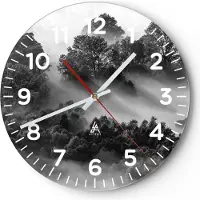 ARTTOR Wanduhr - Rund - Glasuhr - Schwarzweiß Bäume Nebel - 40x40cm - Schleichendes Uhrwerk - Lautlos - zum Aufhängen bereit - Dekoration Modern - Wanddekoration aus Glas - C4AR40x40-4510