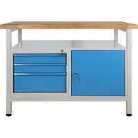 Proregal Werkbank Rhino mit Ablagefläche + 3 Schubladen + 1 Tür | HxBxT 84x120x60cm | Traglast 300kg | Lichtgrau/Lichtblau