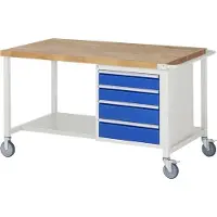RAU Mobile Werkbank mit Ablageboden - 4 Schubladen - Teilauszug - 120:2 / 150:2 - höhenverstellbar 880-1.080 mm - 1.500 x 900 mm (BxT) - Traglast 450 kg