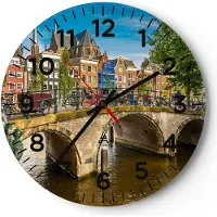 ARTTOR Wanduhr - Rund - Glasuhr - amsterdam Bögen Architektur Gebäude - 40x40cm - Schleichendes Uhrwerk - Lautlos - zum Aufhängen bereit - Dekoration Modern - Wanddekoration aus Glas - C4AR40x40-3173