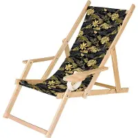 Ferocity Holz Liegestuhl Klappbar Klappliegestuhl mit Armlehne und Getränkehalter Strandstuhl Motiv Palmen Gold [119]