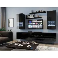 Fun-Möbel Mediawand Wohnwand 7 tlg - NEXI XL 24 - Schwarz Hochglanz inkl. LED