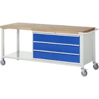 RAU Mobile Werkbank mit Ablageboden - 3 XXL Schubladen - Teilauszug - 180:3 - 880 x 2.000 x 700 mm (HxBxT) - Traglast 450 kg - Buche