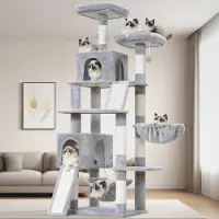 Markenlos Kratzbaum, Katzenbaum für Innenbereich, 200cm Katzenkratzbaum mit große ausgewachsene Katzen, 2 Kratzbrettern, 7 kratzbaume, 2 Plüsch-Plattformen, 2 Katzenhöhlen, Hellgrau GCT032W