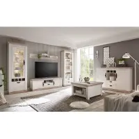 Lomadox Landhaus Wohnwand inkl. Couchtisch & Sideboard FERNA-61 in Pinie weiß und Oslo dunkel Nb. B x H x T ca.: 318 x 201 x 44 cm