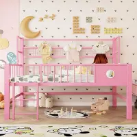 SUCCESS COURIER Kinderbett 90x200 cm, Niedriges Hochbett mit Metallrahmen, Ablagefächern, Pink