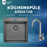 VBChome Edelstahlspüle mit Armatur – 49x48x21 cm, Graphit Leinenstruktur – Einbauspüle mit Hahnloch, Großes Becken, Siphon Küchenspüle Armatur Inox