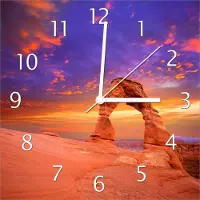 Wallario Design Wanduhr Steinbogen vor einem farbenfrohen Himmel in lila-rot aus Echtglas, Größe 30 x 30 cm
