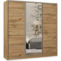 Masseno Schiebetürenschrank PINA 200/205/58 cm Kleiderschrank mit 4 Schubladen Schlafzimmer Schrank 3-türig mit Spiegel Eiche Wotan