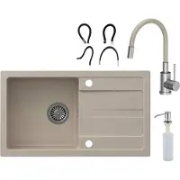 VBChome Spülbecken mit Armatur 77 x 44 cm Beige Einzelbecken Einbauspüle Abtroffläche Gesprenkelt Reversibel Granitspüle Siphon Spülmittelspender Armatur