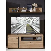 Lomadox TV-Lowboard mit Esche Massivholzfronten inkl. Wandboard STAVEN-36 mit Absetzungen in schwarz matt, B/H/T ca. 150/200/42 cm