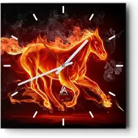 ARTTOR Wanduhr - Quadrat - Glasuhr - Pferd Illustration Flammen - 40x40cm - Schleichendes Uhrwerk - Lautlos - zum Aufhängen bereit - Dekoration Modern - Wanddekoration aus Glas - C3AC40x40-0203