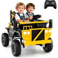 Goplus Kinder Elektro Bagger, 24V Aufsitzbagger mit 3 Sitzen, Schaufel, Musik & LED-Lichtern, Kinderfahrzeug mit Sound, Hupe, für 3-8 Jahre