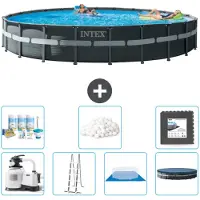 Intex Round Ultra XTR Frame Swimming Pool – 732 x 132 cm – inklusive Pumpe – Leiter – Bodenplane – Abdeckung Wartungspaket - Filterbälle - Bodenfliesen