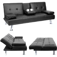 Mendler 3er-Sofa MCW-F60, Couch Schlafsofa Gästebett, Tassenhalter verstellbar 97x166cm Kunstleder, schwarz