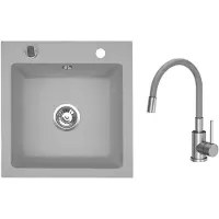 VBChome Granitspüle 50 x 48 cm Grau mit flexibler Armatur Einzelbecken Einbauspüle Gesprenkelt Pflegeleichtes Spülbecken mit Siphon