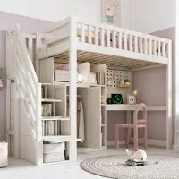 STILVORA Kinder-Hochbett 90×200 cm mit Schreibtisch und Kleiderschrank, Hochbett mit Leiter und offenen Regalen, Etagenbett mit USB/USB-C Anschlüssen, Weiß