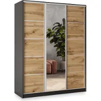 Masseno Schiebetürenschrank NATA 150/205/58 cm Kleiderschrank mit 4 Schubladen Schlafzimmer Schrank 3-türig mit Spiegel Schwarz / Eiche Wotan