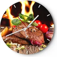 ARTTOR Wanduhr - Rund - Glasuhr - Essen Holz Feuer Steak - 40x40cm - Schleichendes Uhrwerk - Lautlos - zum Aufhängen bereit - Dekoration Modern - Wanddekoration aus Glas - C3AR40x40-2825